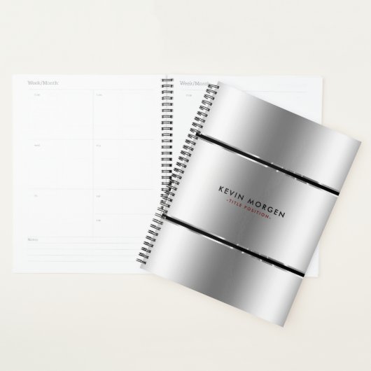 Zwart & glanzend metallic zilveren strepen planner (Display)