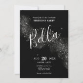 Zwart glanzend sprankelend verjaardagsuitnodiging kaart (Voorkant)