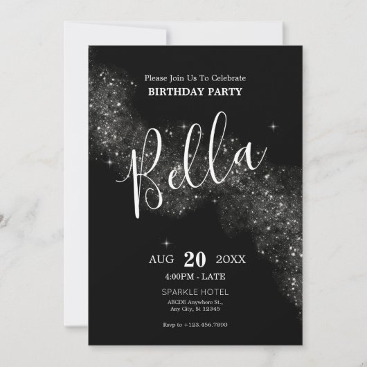 Zwart glanzend sprankelend verjaardagsuitnodiging kaart (Voorkant)