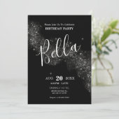 Zwart glanzend sprankelend verjaardagsuitnodiging kaart (Staand voorkant)