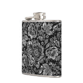 Zwart & glanzend zilveren bloemen damast patroon heupfles (Links)