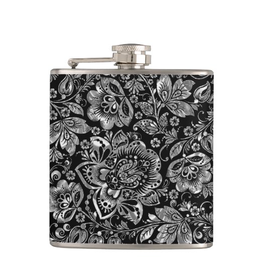 Zwart & glanzend zilveren bloemen damast patroon heupfles (Voorkant)