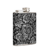 Zwart & glanzend zilveren bloemen damast patroon heupfles (Rechts)