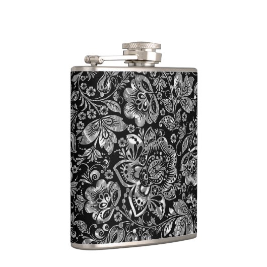 Zwart & glanzend zilveren bloemen damast patroon heupfles (Rechts)