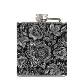 Zwart & glanzend zilveren bloemen damast patroon heupfles (Achterkant)