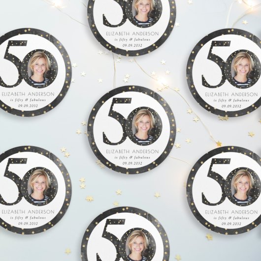 Zwart glitter 50 & een verbluffende foto ronde sticker