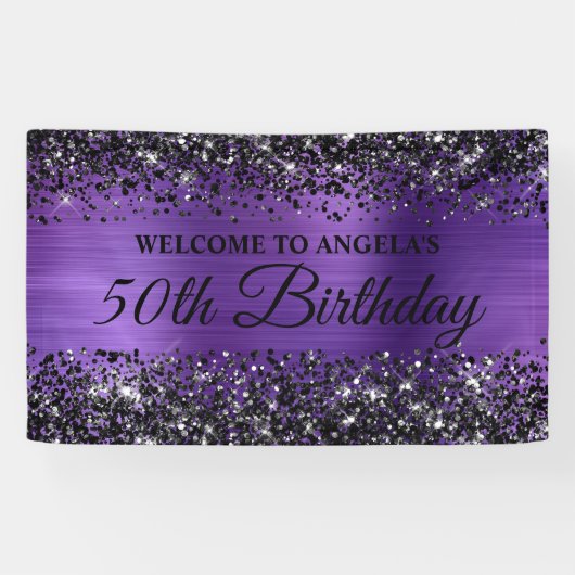 Zwart Glitter Amethist Folie 50e Verjaardag Welkom Spandoek (Horizontaal)