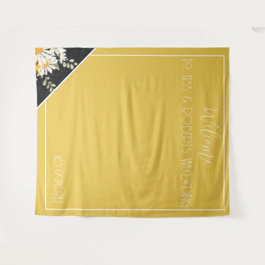 Zwart Glitter Bloemen & Mosterd Geel Achtergrond Wandkleed (Voorkant (horizontaal))