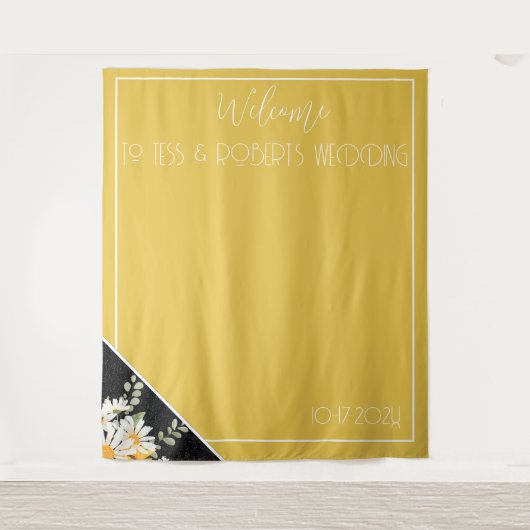 Zwart Glitter Bloemen & Mosterd Geel Achtergrond Wandkleed (Voorkant)