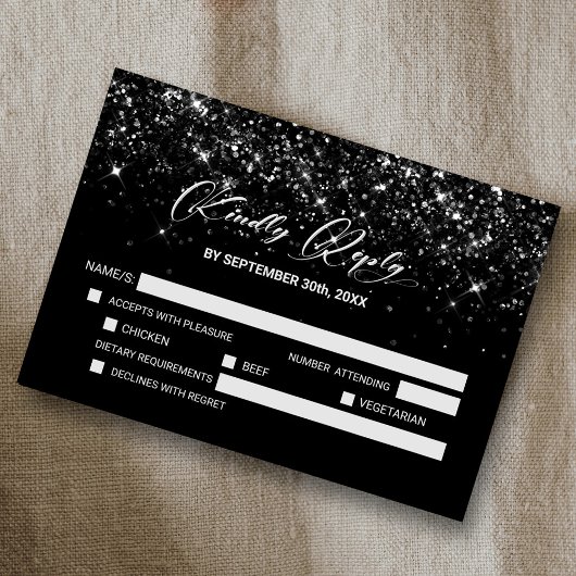 Zwart Glitter Bruiloft RSVP Kaartje