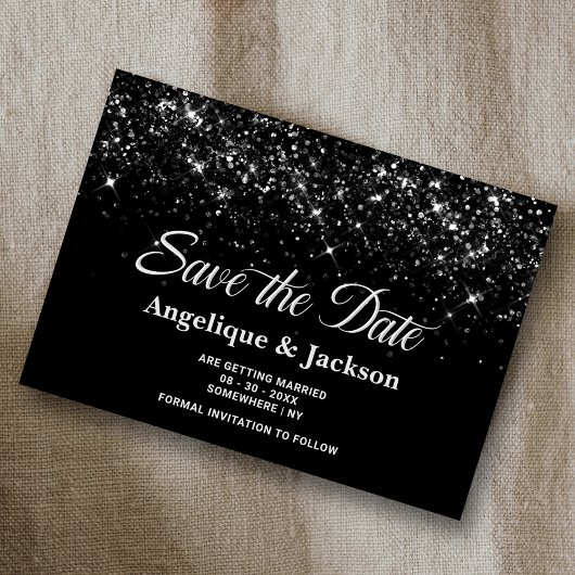 Zwart Glitter Bruiloft Save the Date