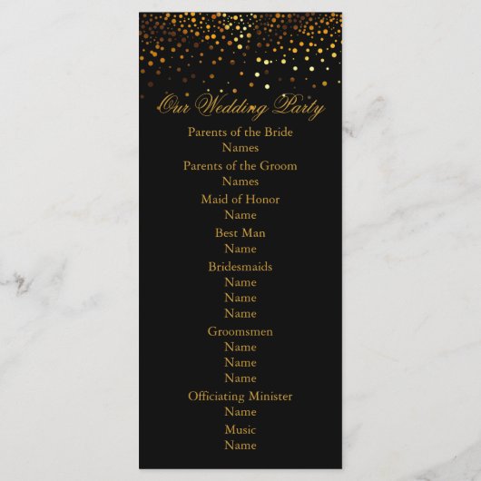 Zwart Glitter Confetti Faux Folie Trouwprogramma Programmakaart (Achterkant)