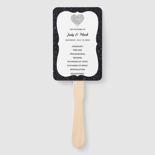Zwart Glitter Diamond Hart Trouwprogramma Fans Handwaaier (Voorkant)