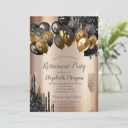 Zwart Glitter Drips Ballonnen Glas Pensioen Kaart (Staand voorkant)