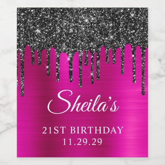 Zwart Glitter Drips Hot Pink Glam 21st Verjaardag Wijn Etiket (Enkel label)