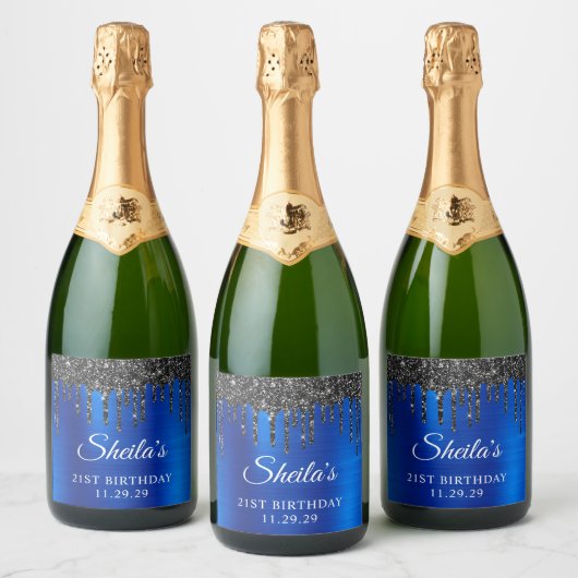 Zwart Glitter Drips Royal Blue Glam 21e verjaardag Sparkling Wijnetiket (Flessen)