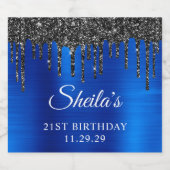 Zwart Glitter Drips Royal Blue Glam 21e verjaardag Sparkling Wijnetiket (Enkel label)