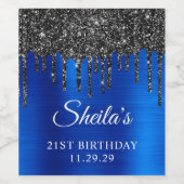 Zwart Glitter Drips Royal Blue Glam 21e verjaardag Wijn Etiket (Enkel label)