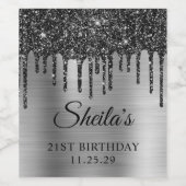 Zwart Glitter Drips Zilveren Folie 21e Verjaardag Wijn Etiket (Enkel label)