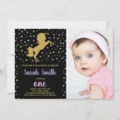 Zwart Glitter Eenhoorn Verjaardag Uitnodigingen w  (Voorkant)