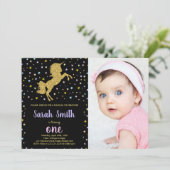 Zwart Glitter Eenhoorn Verjaardag Uitnodigingen w  (Staand voorkant)