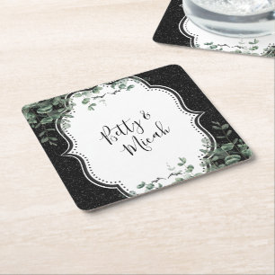 Zwart Glitter en Bloemen Eucalyptus Boeket Kartonnen Onderzetters