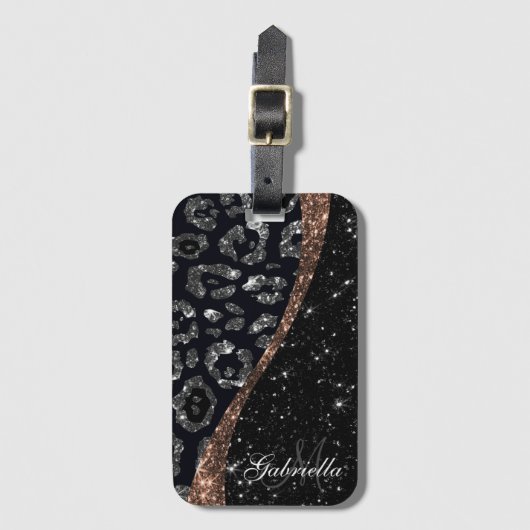 Zwart Glitter en Leopard Print Bagagelabel (Voorkant (verticaal))
