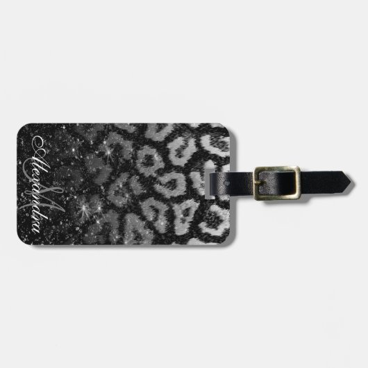 Zwart Glitter en Leopard Print Bagagelabel (Voorkant horizontaal)