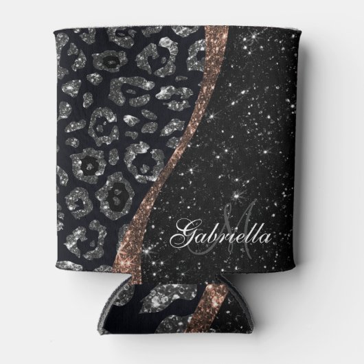 Zwart Glitter en Leopard Print Blikjeskoeler (Voorkant)