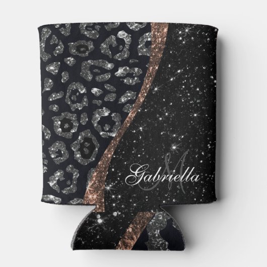 Zwart Glitter en Leopard Print Blikjeskoeler (Achterkant)