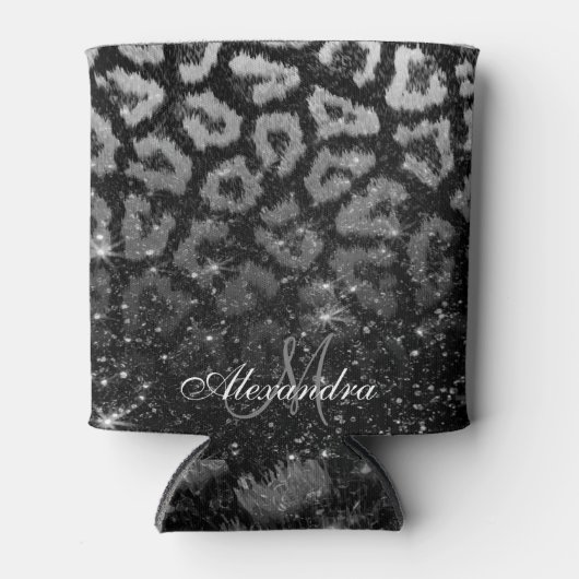 Zwart Glitter en Leopard Print Blikjeskoeler (Voorkant)