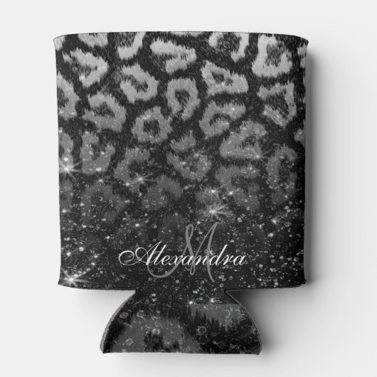 Zwart Glitter en Leopard Print Blikjeskoeler (Achterkant)