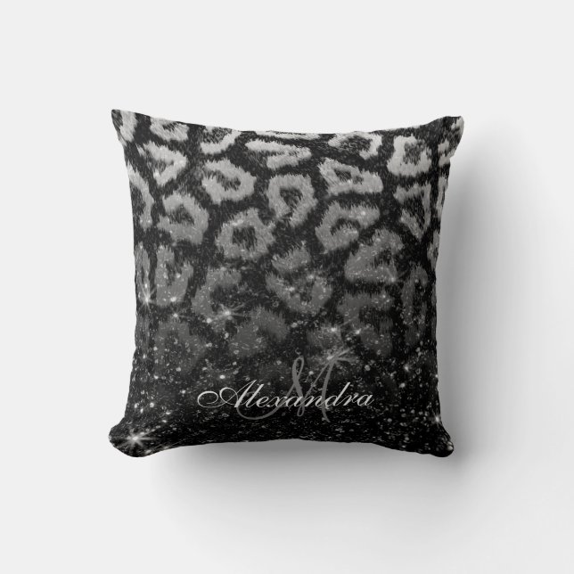 Zwart Glitter en Leopard Print Kussen (Voorkant)