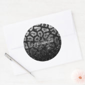 Zwart Glitter en Leopard Print Ronde Sticker (Envelop)