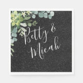 Zwart Glitter & Eucalyptus Bruiloft Servet (Voorkant)