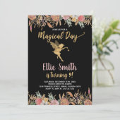 Zwart Glitter Floral Fairy Verjaardag Uitnodiginge Kaart (Staand voorkant)