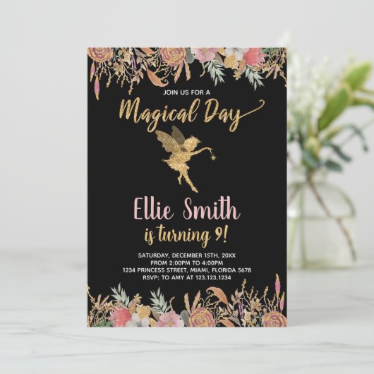 Zwart Glitter Floral Fairy Verjaardag Uitnodiginge Kaart (Staand voorkant)