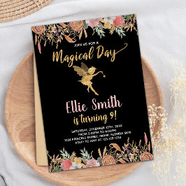 Zwart Glitter Floral Fairy Verjaardag Uitnodiginge Kaart