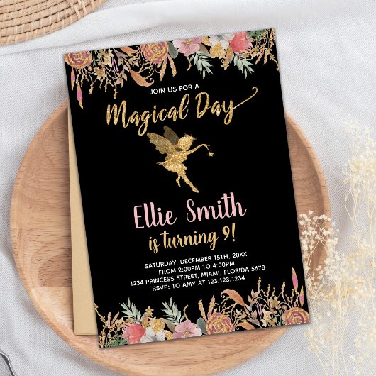 Zwart Glitter Floral Fairy Verjaardag Uitnodiginge Kaart