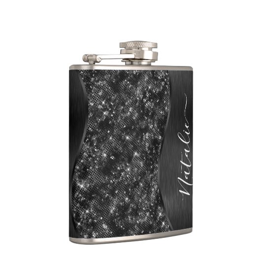 Zwart glitter Glam Bling Personalizeerd metaal Heupfles (Rechts)