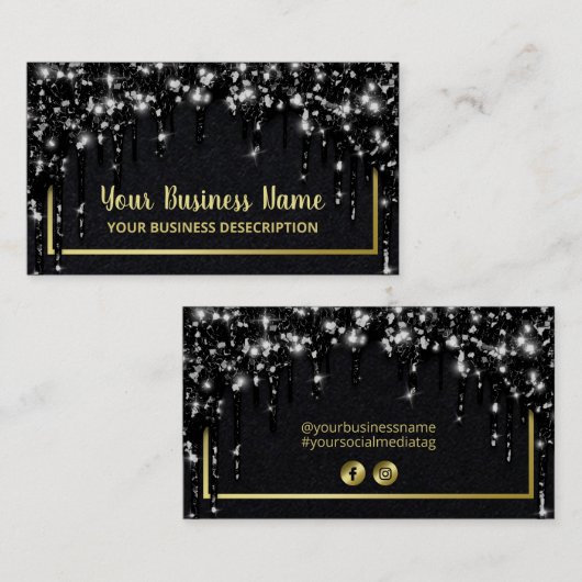 Zwart glitter Gold sociale media met glam-drift Visitekaartje (Voorkant / Achterkant)