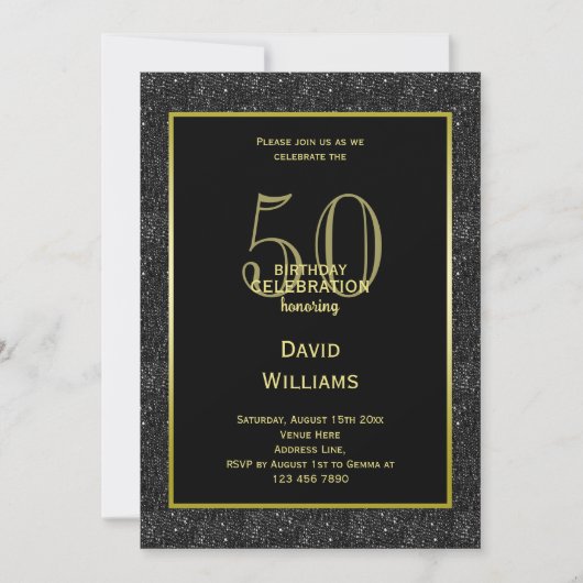 Zwart Glitter, Goud ingelijst Man Verjaardag Kaart (Voorkant)