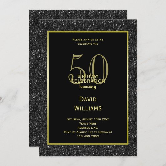 Zwart Glitter, Goud ingelijst Man Verjaardag Kaart (Voorkant / Achterkant)