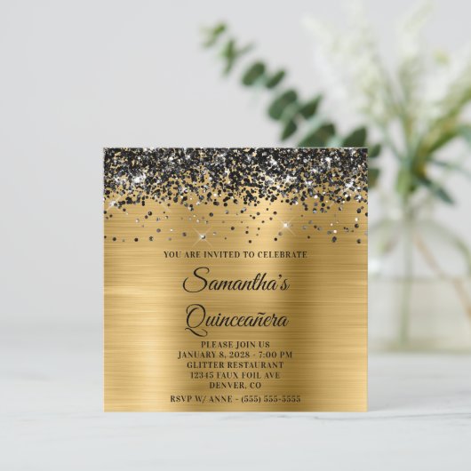Zwart Glitter Goud Metallic Look Quinceanera Kaart (Staand voorkant)