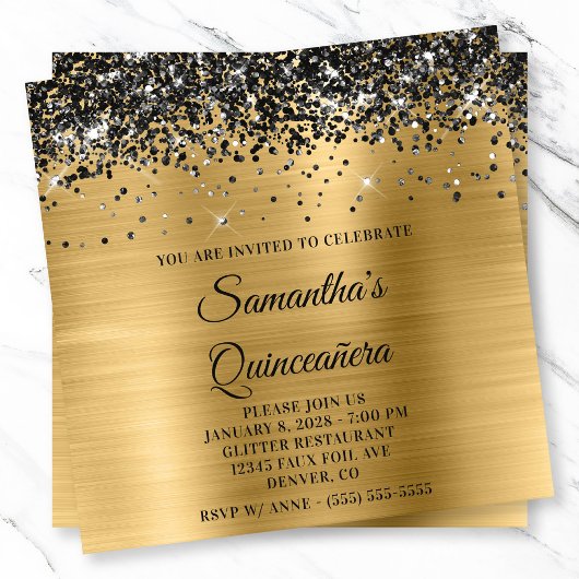 Zwart Glitter Goud Metallic Look Quinceanera Kaart