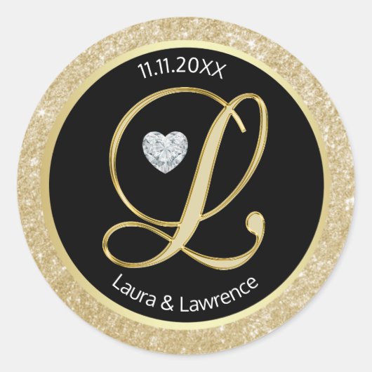 Zwart Glitter Goud Monogram Bruiloft Envelop Afdic Ronde Sticker (Voorkant)