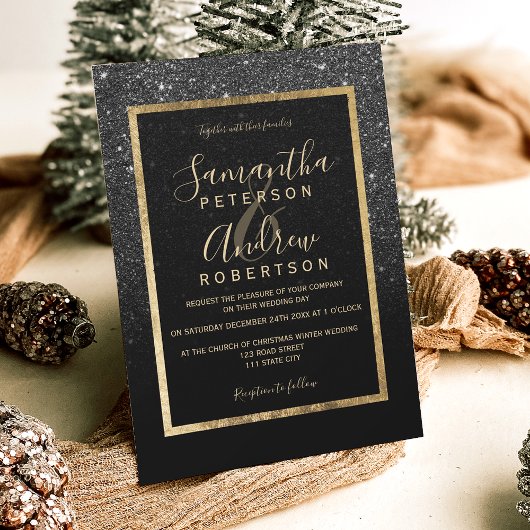 Zwart glitter goud typografie chique winter bruilo kaart