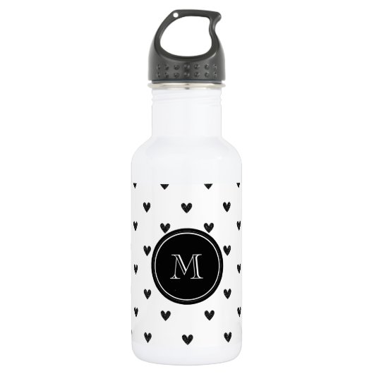 Zwart glitter hart met monogram waterfles  (Voorkant)