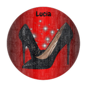 Zwart Glitter High Heel Schoen op Rood Snijplank