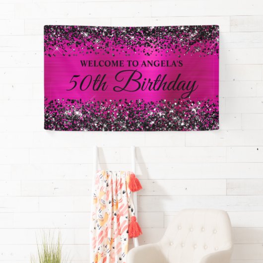 Zwart Glitter Hot Pink Folie 50th Verjaardag Welko Spandoek (Insitu)